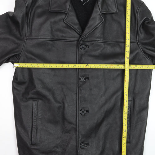London Fog Men's Black Leather Overcoat L Lined Button-Up Jacket