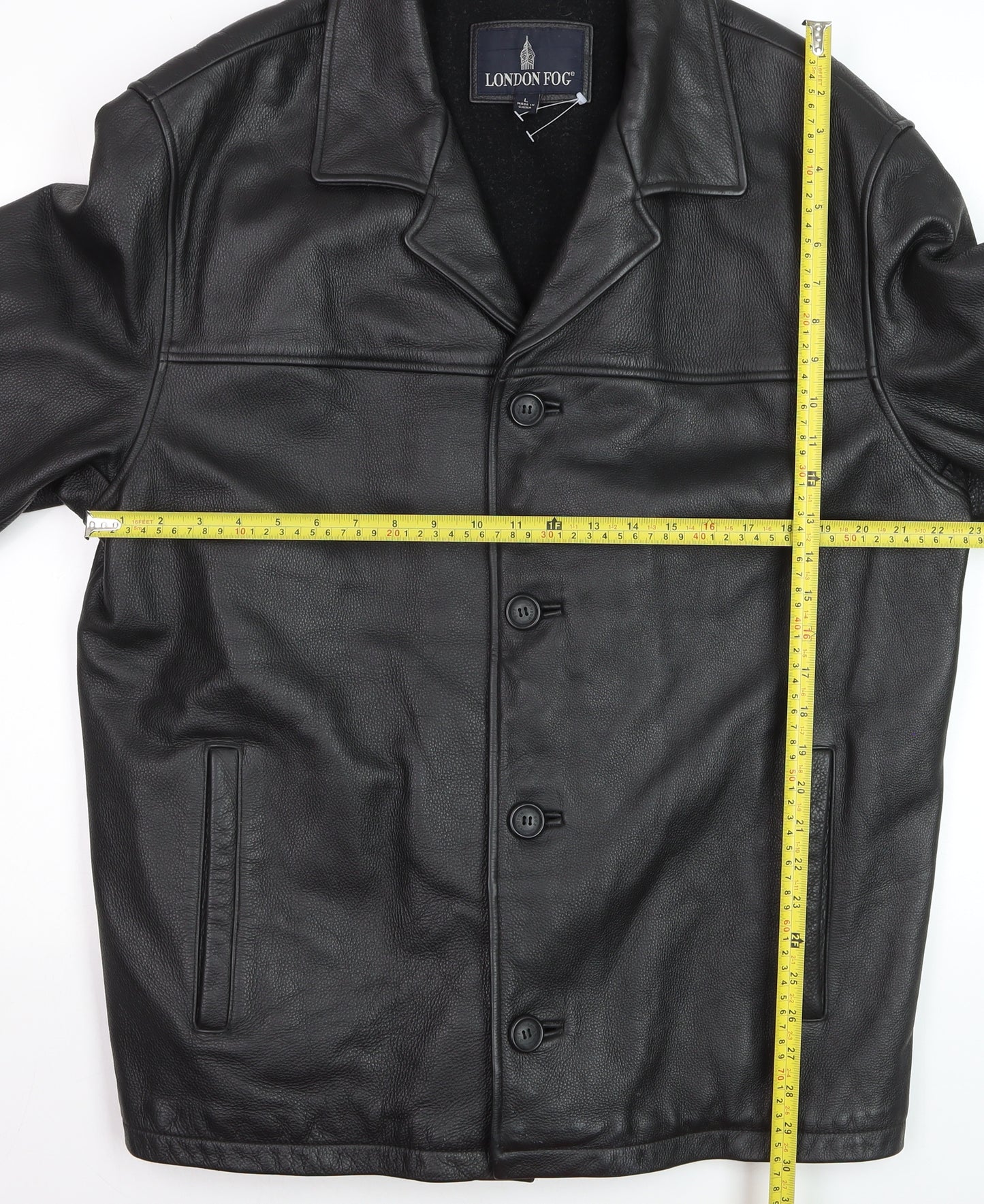 London Fog Men's Black Leather Overcoat L Lined Button-Up Jacket