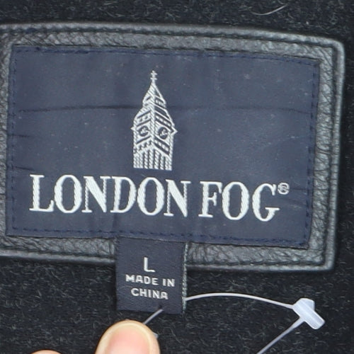 London Fog Men's Black Leather Overcoat L Lined Button-Up Jacket