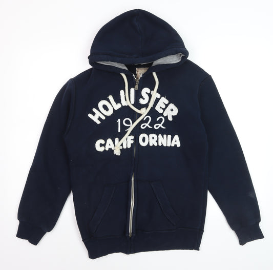Hollister Men’s Navy Blue Full Zip Hoodie L with Logo & Drawstrings