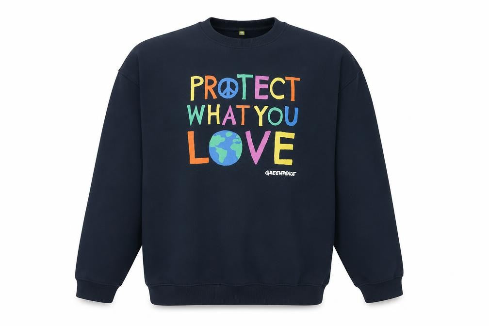 Front view of Teemill Men’s Blue 2XL Crew Neck Pullover Sweatshirt with Graphic Print