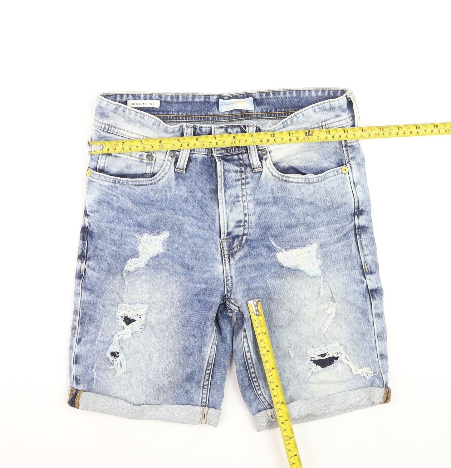 Jack & Jones Men's Blue Regular Fit Distressed Denim Shorts Size S