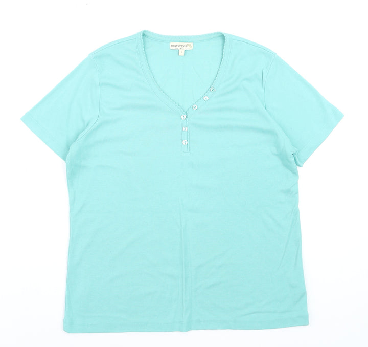 First Avenue Women's Blue V-Neck Button T-Shirt Size L