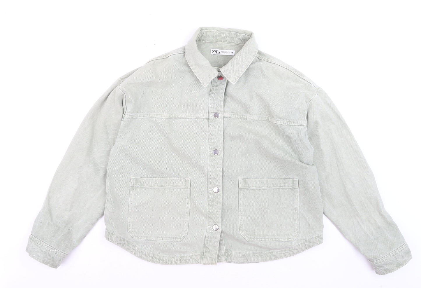 Zara Women Green Cotton Twill Button-Up Casual Jacket M