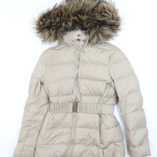 Zara Women’s Beige Belted Faux Fur Hooded Puffer Coat XS