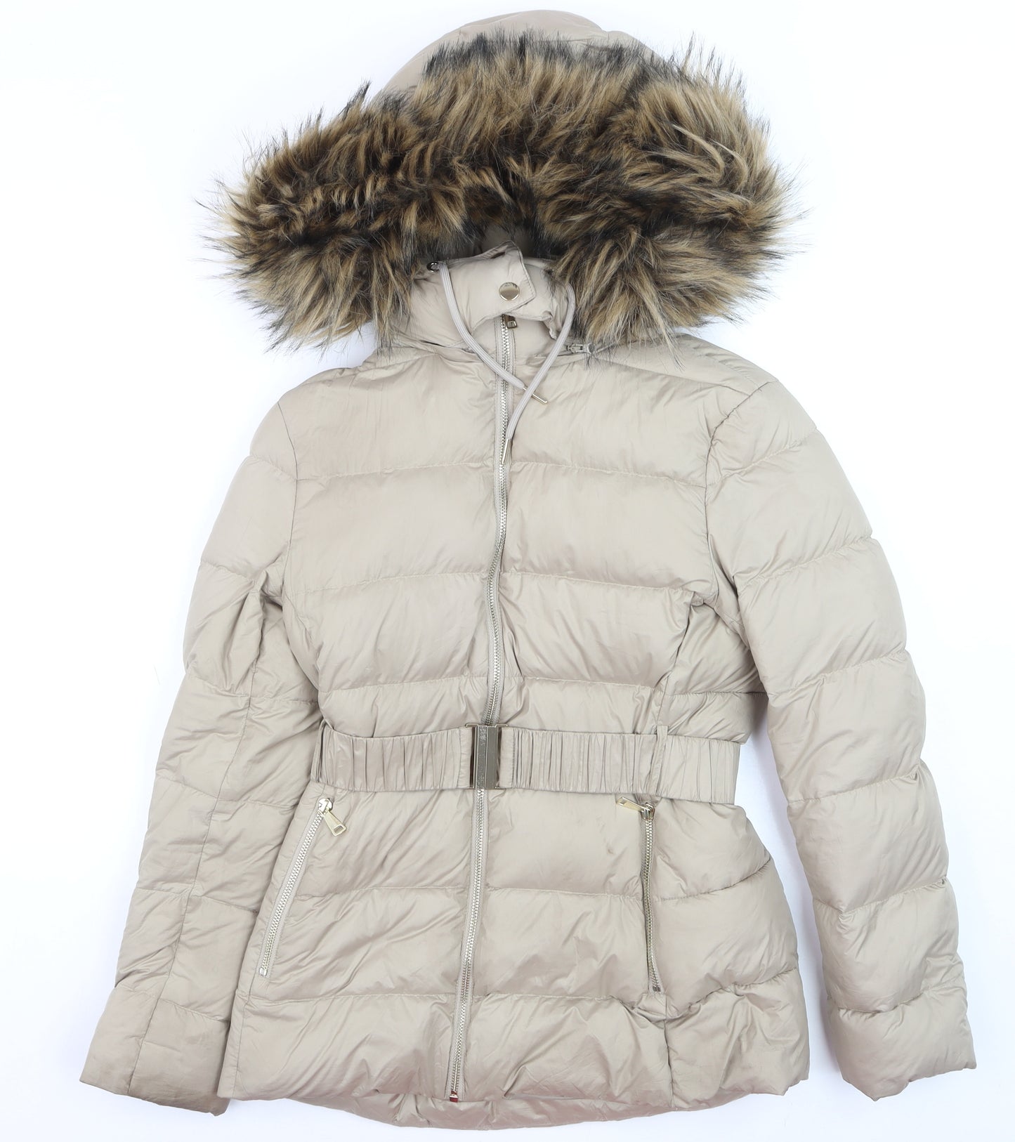 Zara Women’s Beige Belted Faux Fur Hooded Puffer Coat XS
