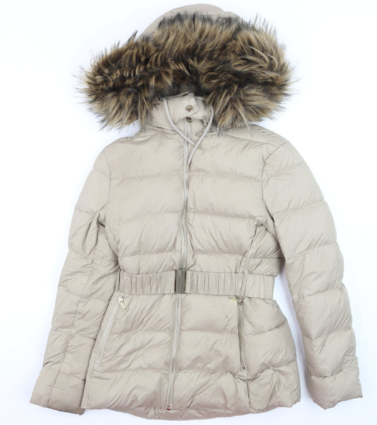 Zara Women’s Beige Belted Faux Fur Hooded Puffer Coat XS