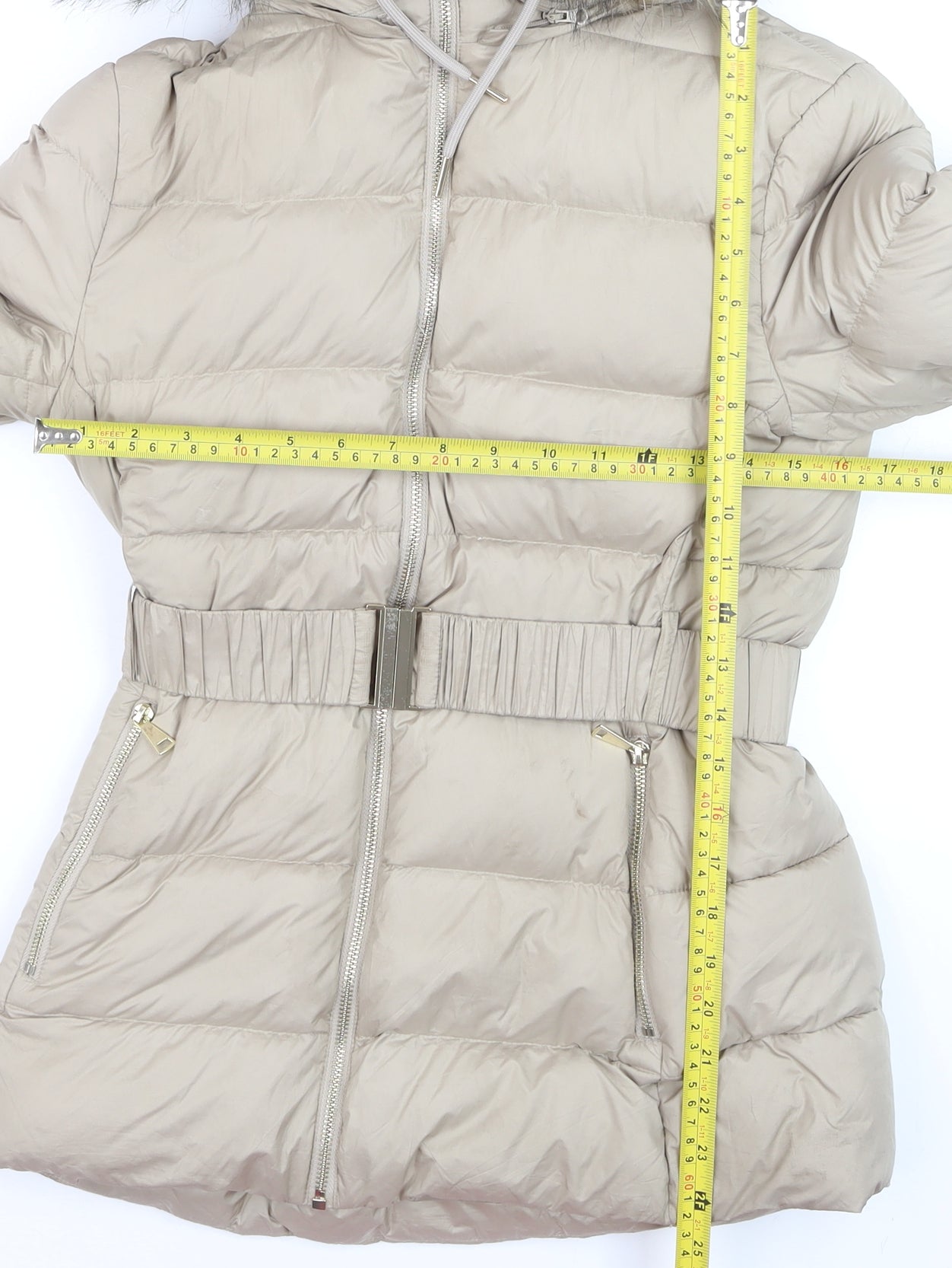Zara Women’s Beige Belted Faux Fur Hooded Puffer Coat XS