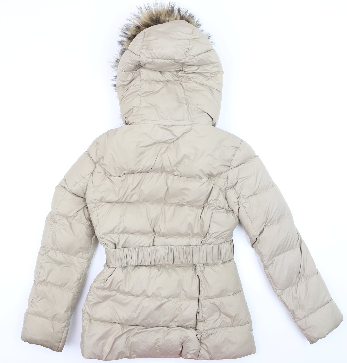 Zara Women’s Beige Belted Faux Fur Hooded Puffer Coat XS