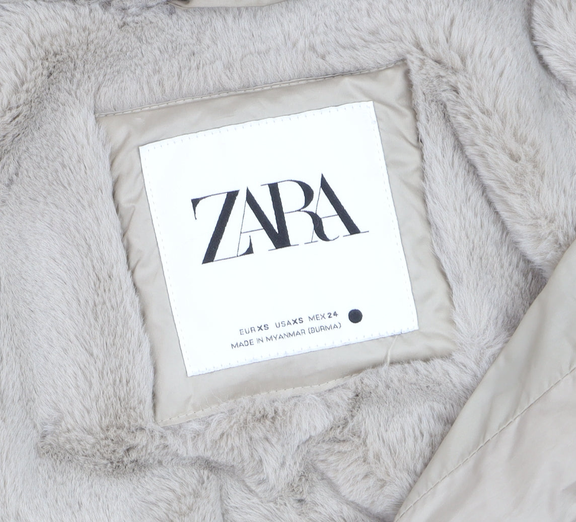 Zara Women’s Beige Belted Faux Fur Hooded Puffer Coat XS