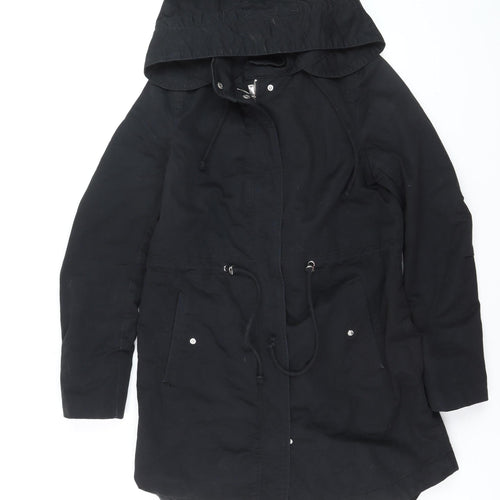 H&M Divided Women's Black Parka Coat Size 8 Hooded Long Cotton Blend