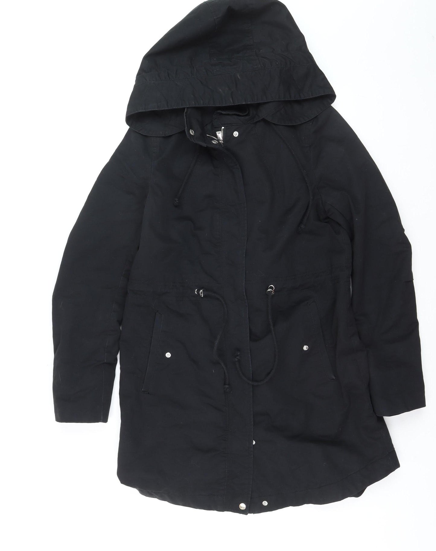 H&M Divided Women's Black Parka Coat Size 8 Hooded Long Cotton Blend