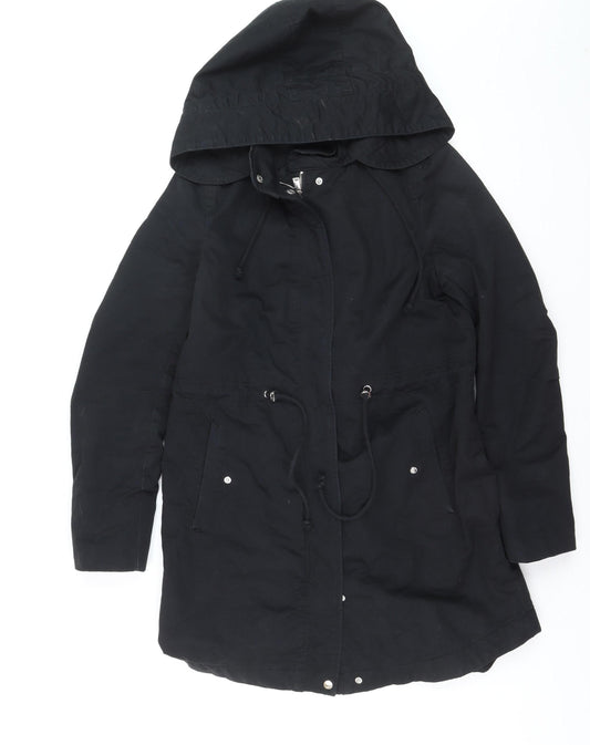 H&M Divided Women's Black Parka Coat Size 8 Hooded Long Cotton Blend