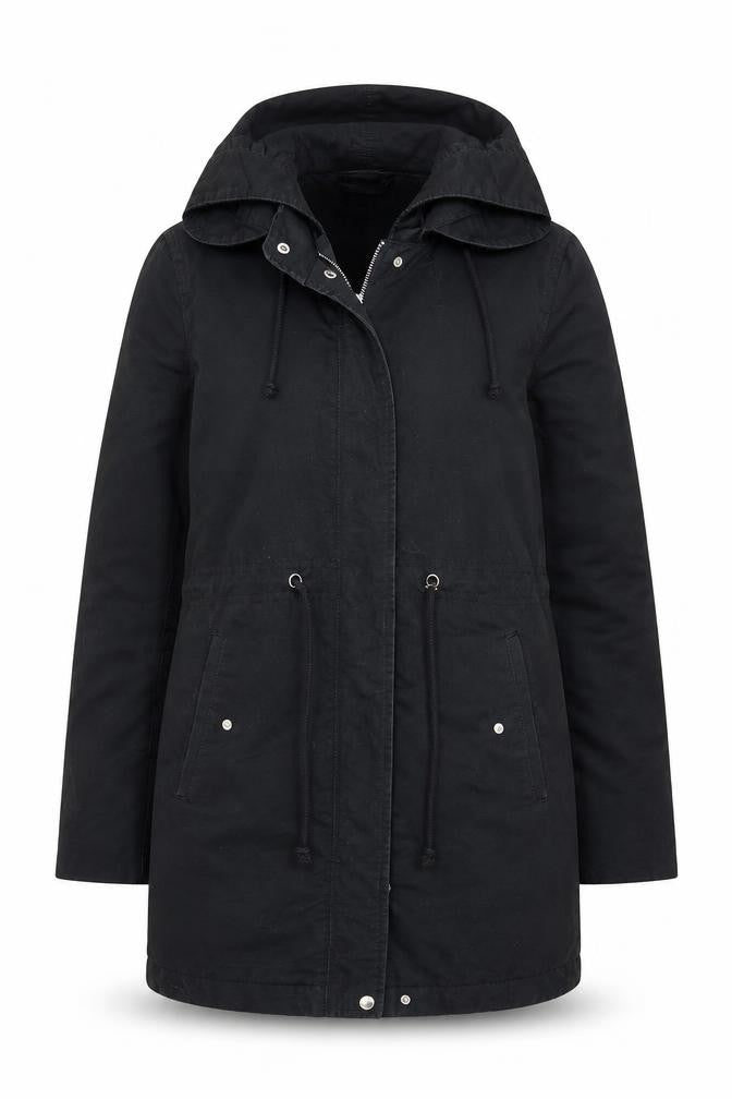 Front view of H&M Divided Women's Black Parka Coat, size 8, Hooded Long Cotton Blend