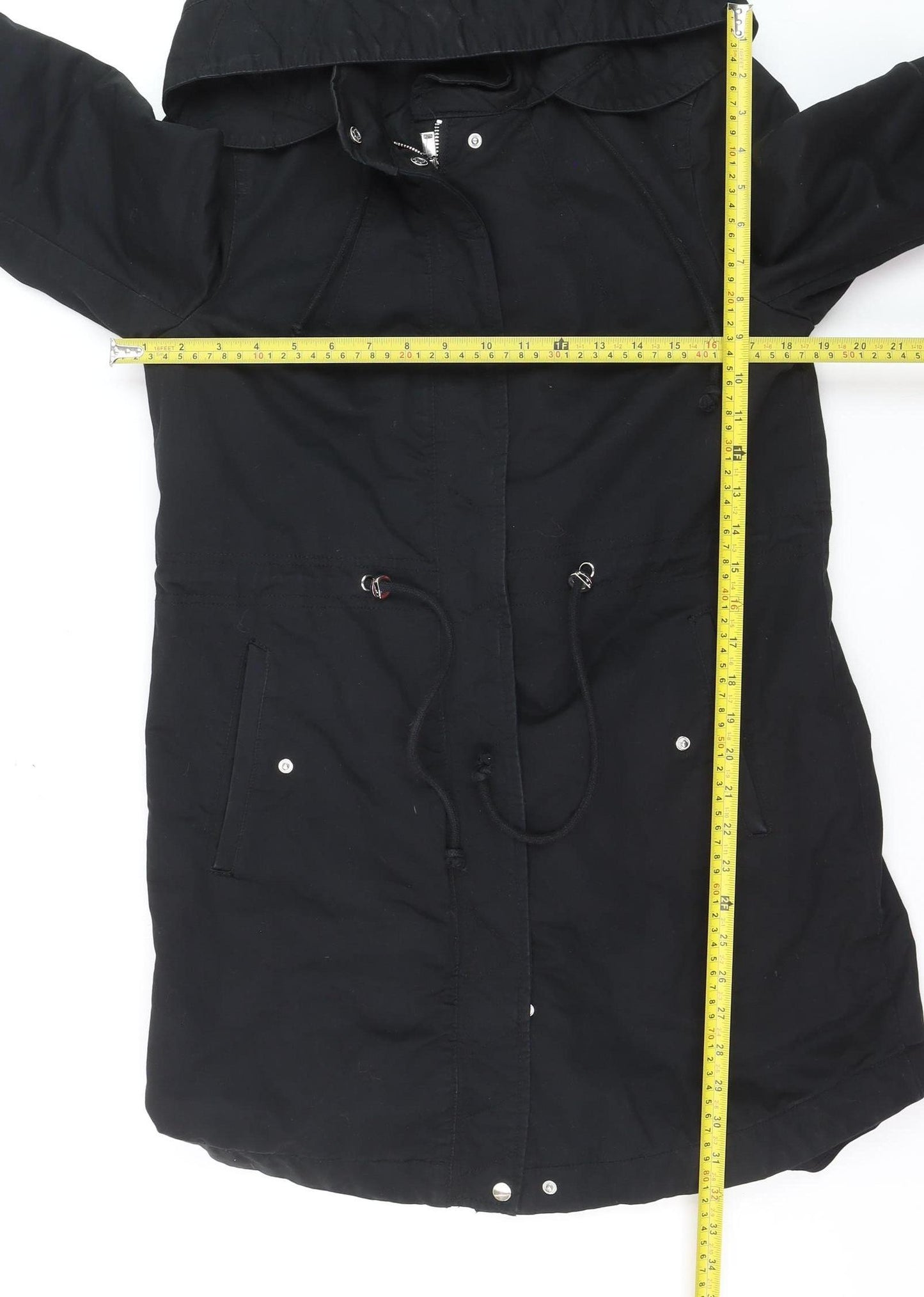 H&M Divided Women's Black Parka Coat Size 8 Hooded Long Cotton Blend