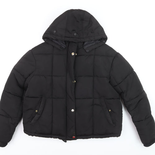 Topshop Women's Black Puffer Jacket Size 12 Hooded Winter Coat