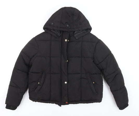 Topshop Women's Black Puffer Jacket Size 12 Hooded Winter Coat