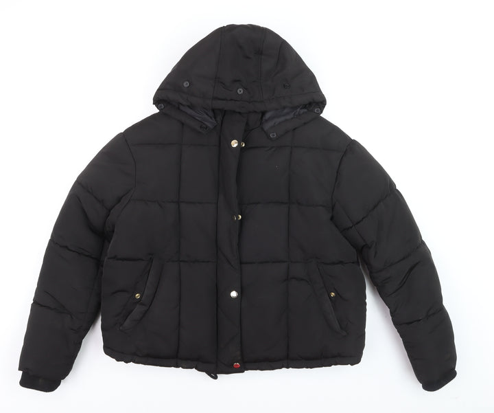 Topshop Women's Black Puffer Jacket Size 12 Hooded Winter Coat