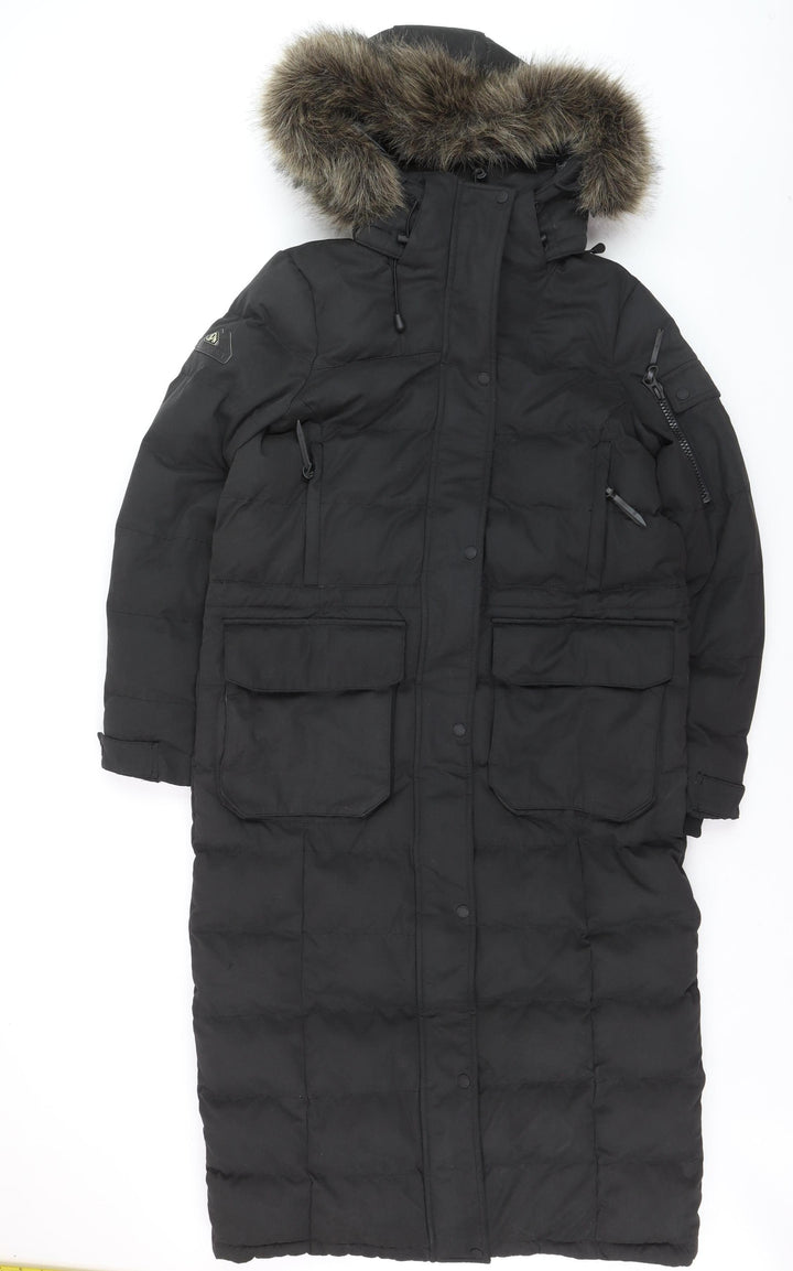 Superdry Women's Black Long Puffer Parka Coat UK 10 Hooded Winter