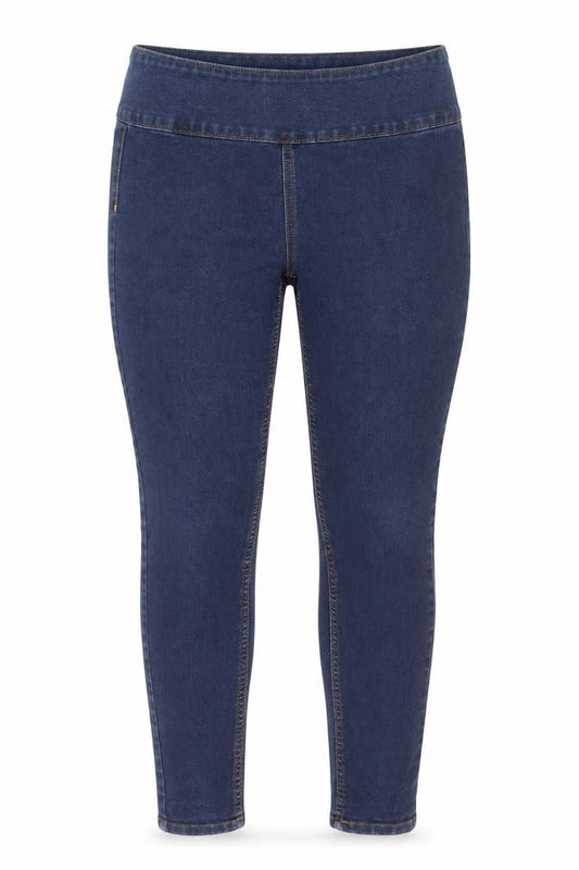 Front view of Pieces women’s blue high rise jegging jeans, size L, slim fit stretch denim