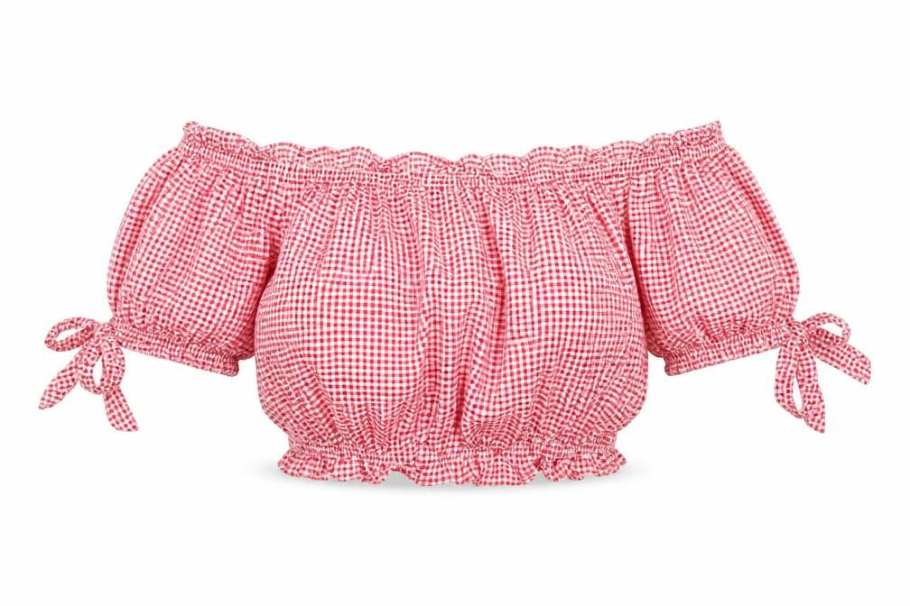 Front view of FB Sister Women Red Check Cropped Off Shoulder Blouse, size S