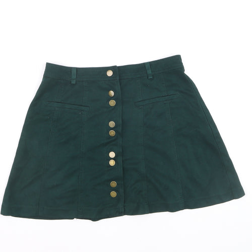 Zara Women Green XS A-Line Short Button Skirt