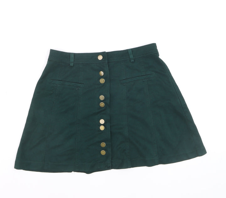 Zara Women Green XS A-Line Short Button Skirt