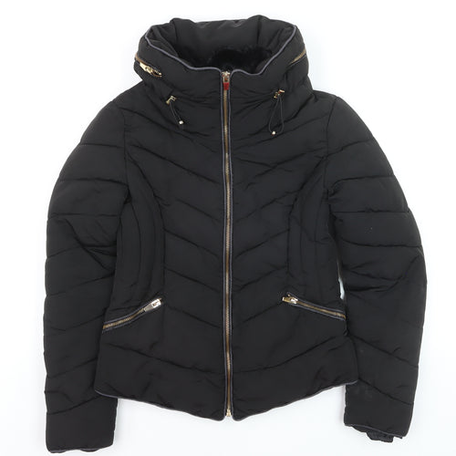 Zara Women's Black Puffer Jacket Size S Hooded Lined Zip Winter Coat