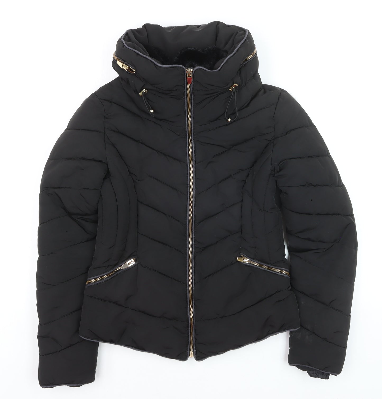 Zara Women's Black Puffer Jacket Size S Hooded Lined Zip Winter Coat