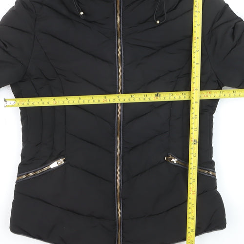 Zara Women's Black Puffer Jacket Size S Hooded Lined Zip Winter Coat