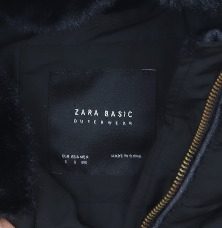 Zara Women's Black Puffer Jacket Size S Hooded Lined Zip Winter Coat