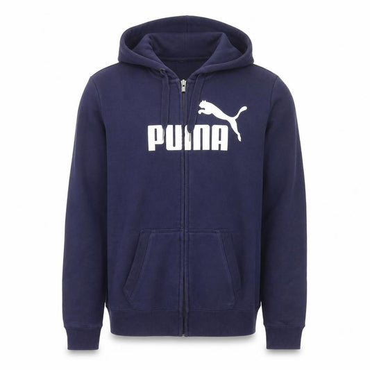 Front view of Puma Men's Blue Full Zip Hoodie M Sports Logo Fleece Sweatshirt