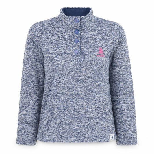 Front view of Land & Sea women’s blue henley pullover sweatshirt, size UK 12