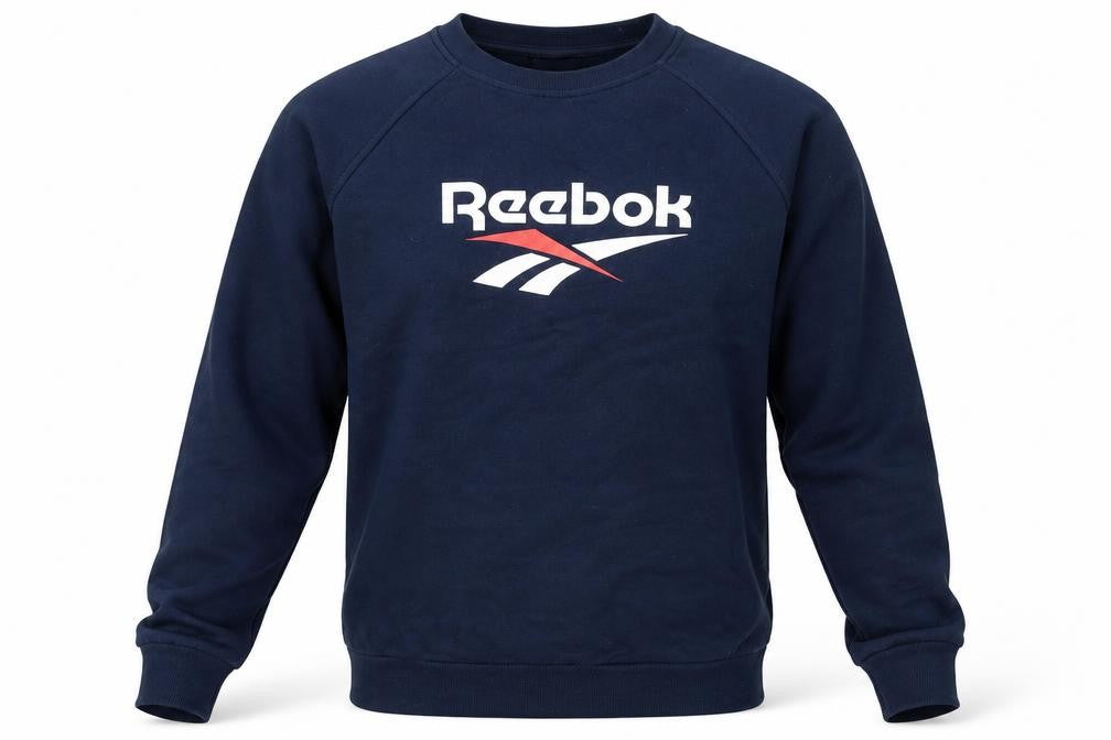 Front view of Reebok Classic unisex blue xs crew neck pullover sweatshirt