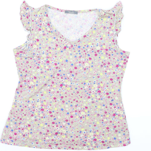 South Womens Beige Floral V-Neck Sleeveless Cotton Blouse Size 14
