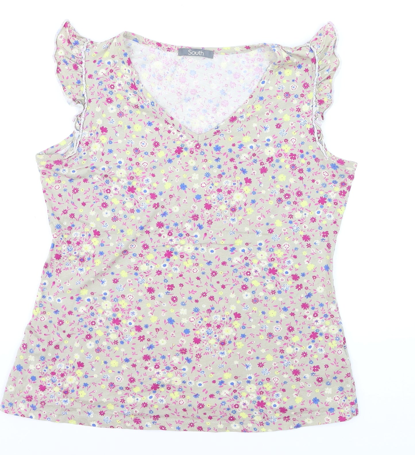 South Womens Beige Floral V-Neck Sleeveless Cotton Blouse Size 14