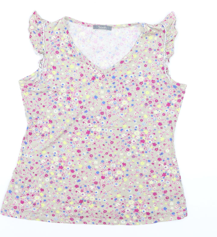 South Womens Beige Floral V-Neck Sleeveless Cotton Blouse Size 14