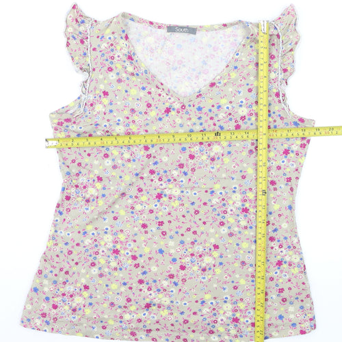South Womens Beige Floral V-Neck Sleeveless Cotton Blouse Size 14