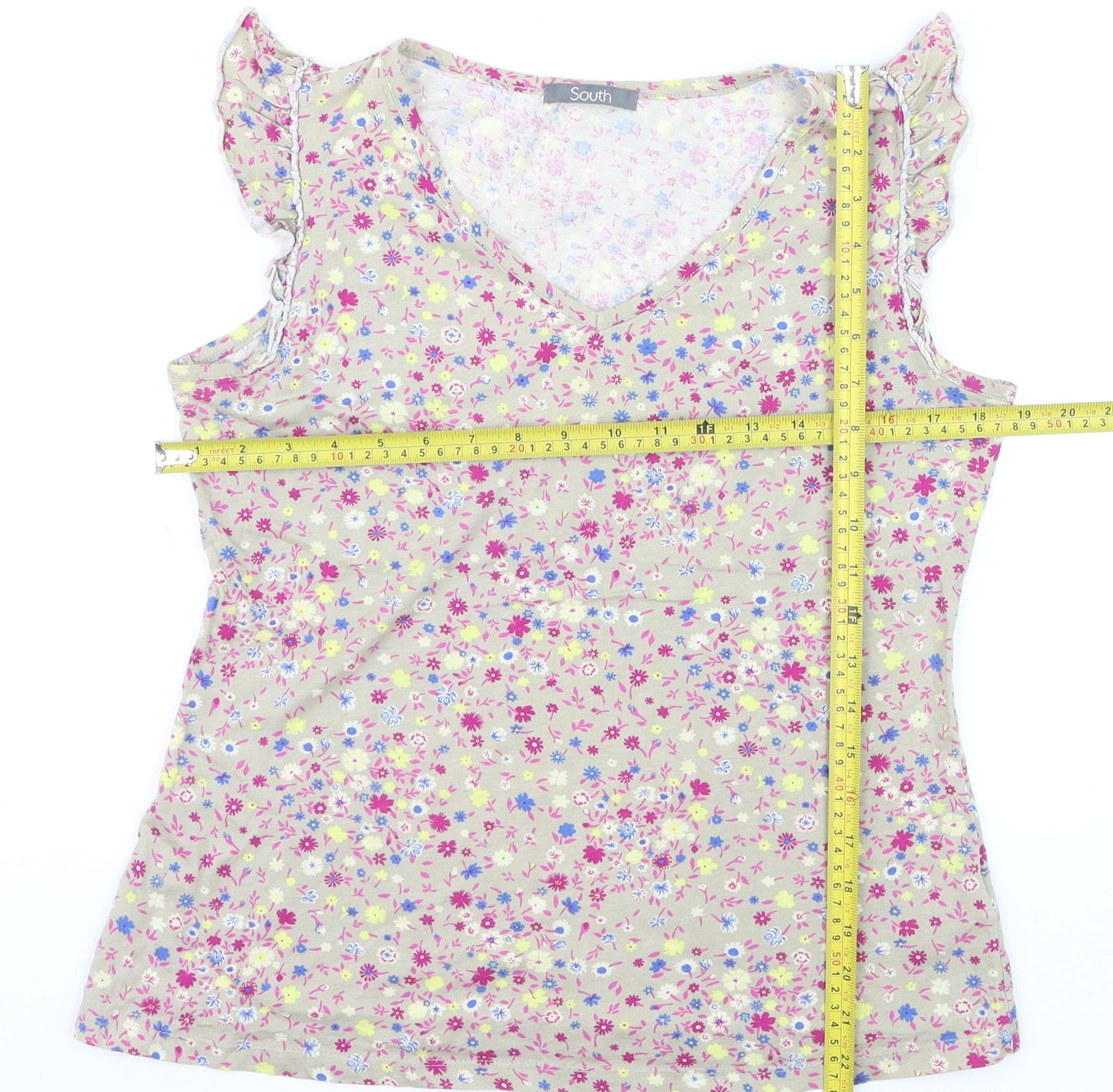 South Womens Beige Floral V-Neck Sleeveless Cotton Blouse Size 14