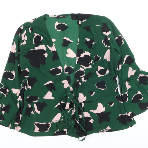 ONLY Women’s Green Floral Wrap Blouse Size 6 Long Flared Sleeve