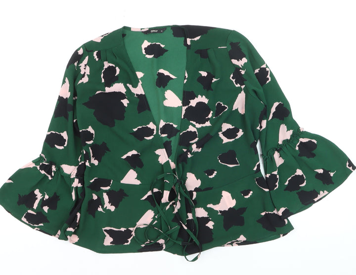 ONLY Women’s Green Floral Wrap Blouse Size 6 Long Flared Sleeve