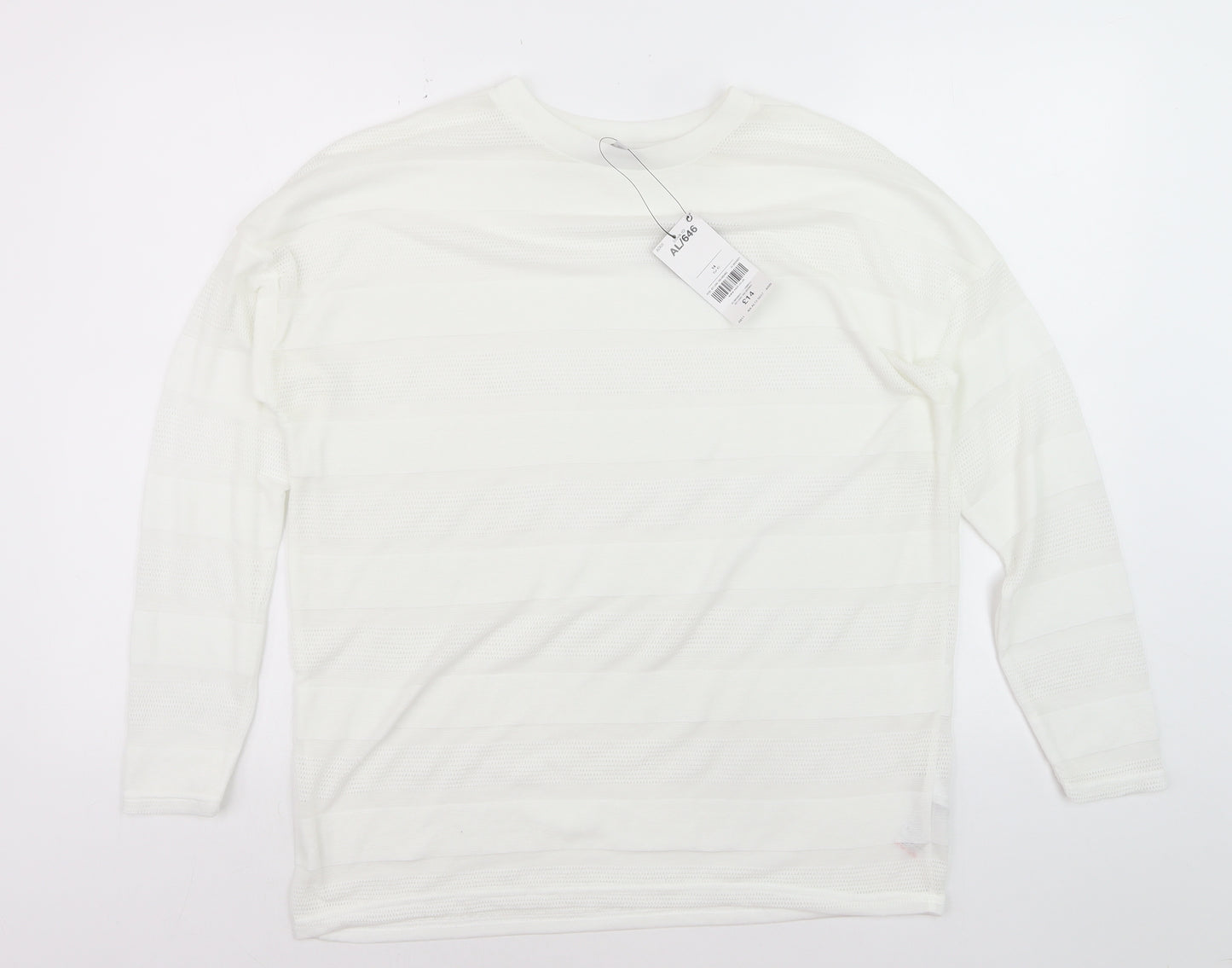Next Womens White Long Sleeve Knit Striped Polyester T-Shirt Size 14