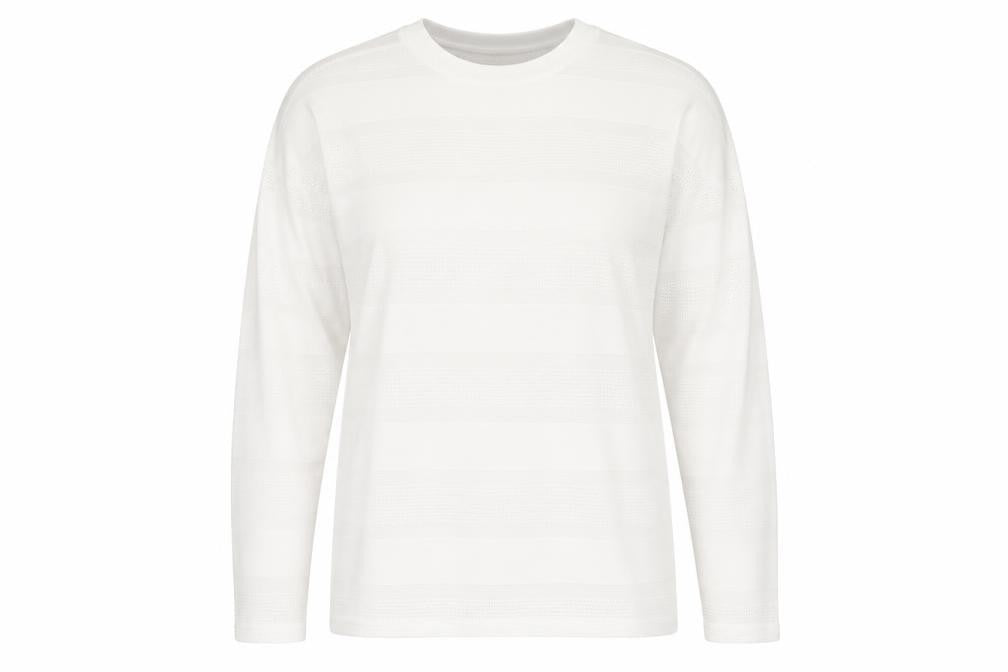 Front view of Next women’s white long sleeve knit striped polyester t-shirt, size UK 14