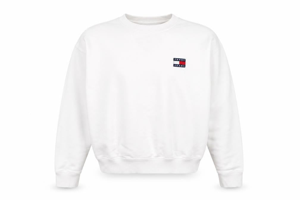 Front view of Tommy Jeans Men's White Crew Neck Sweatshirt, size S, Classic Style