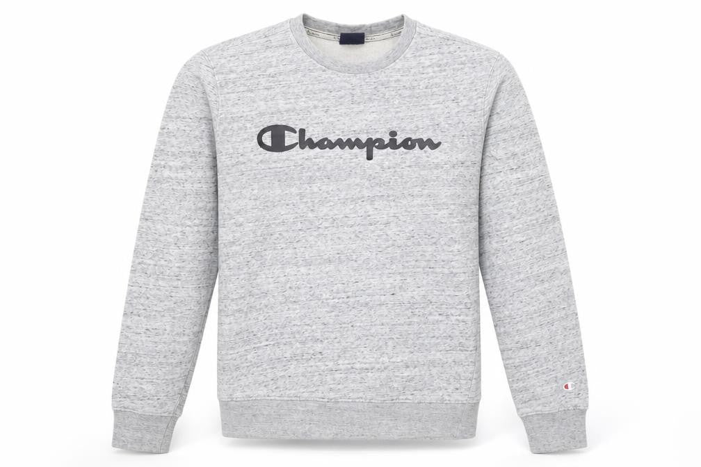 Front view of Champion Men's Grey Pullover Sweatshirt Medium Logo Crew Neck