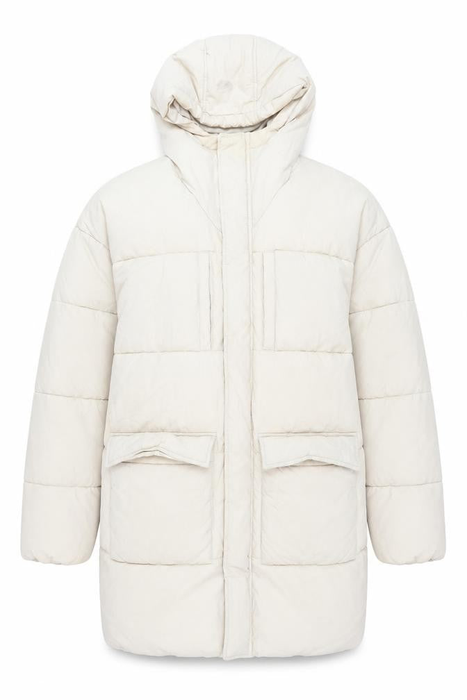 Front view of ASOS DESIGN Women’s Beige Long Puffer Coat Hooded, size M