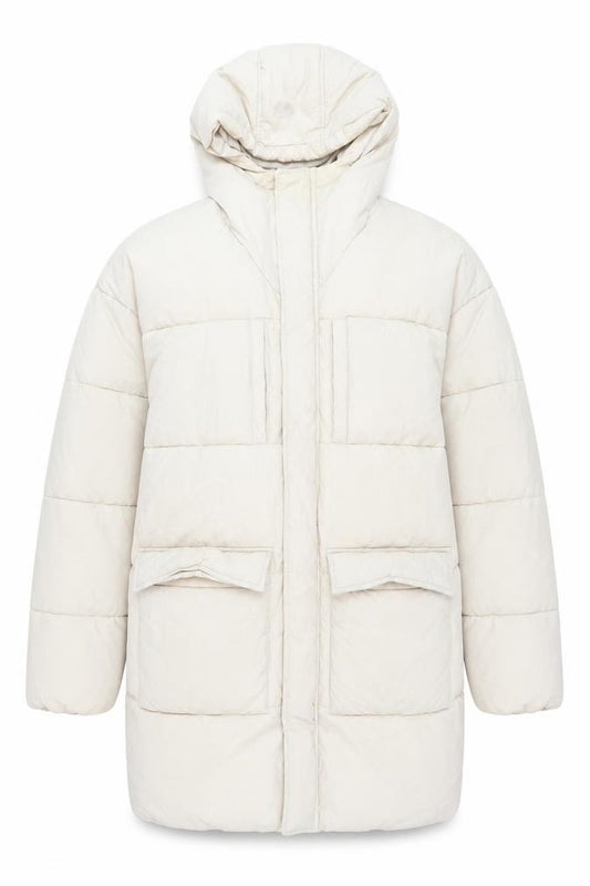 Front view of ASOS DESIGN Women’s Beige Long Puffer Coat Hooded, size M