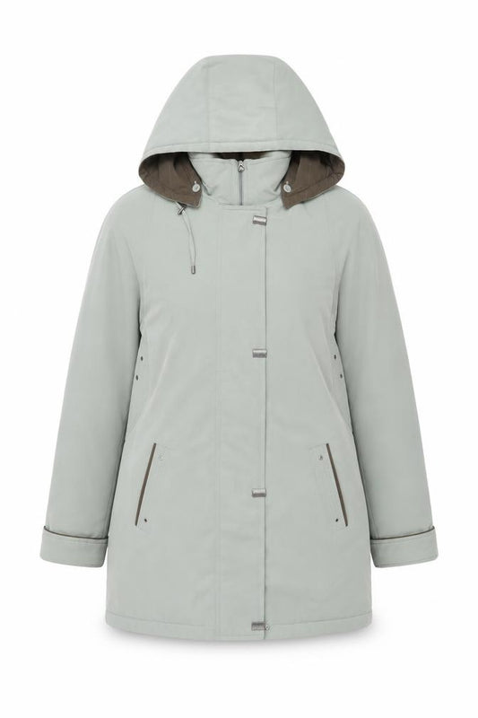 Front view of EWM Pure Classics Women’s Green Hooded Parka Coat, size UK 16