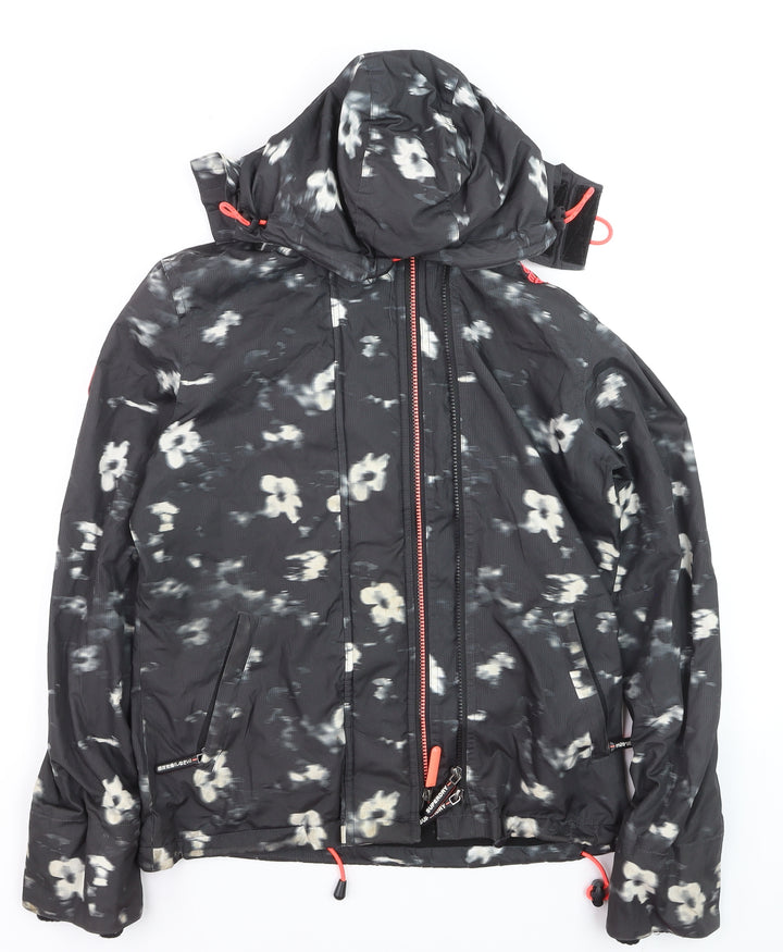 Superdry Women Black Floral Windbreaker Jacket Size S Hooded