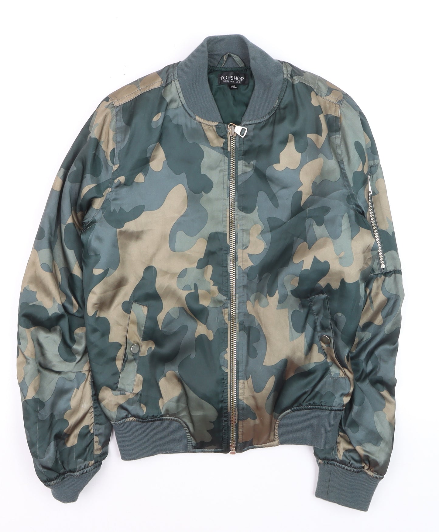 Topshop Women's Green Camouflage Bomber Jacket Size 6